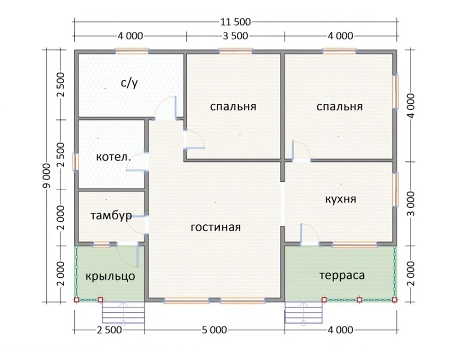 Проект К-34: одноэтажный дом с двумя спальнями, просторной кухней гостиной и двумя террасами